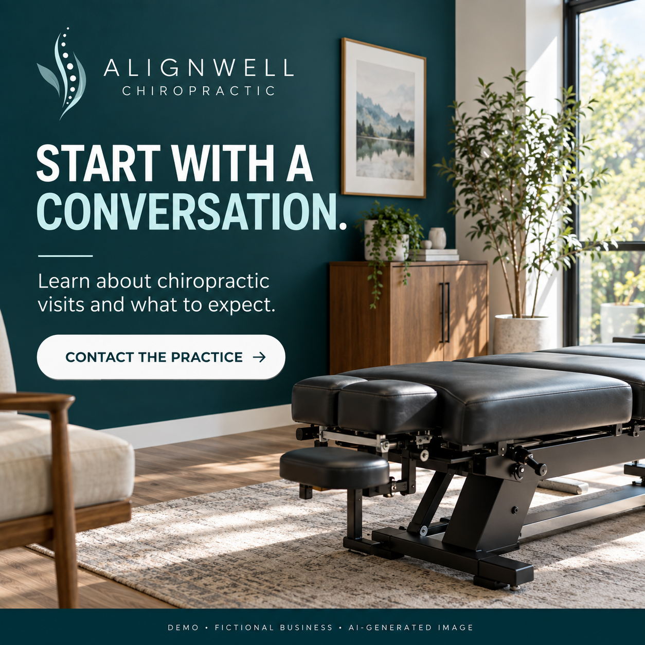 Fictional Alignwell Chiropractic demo featuring a consultation room, labeled as AI-generated