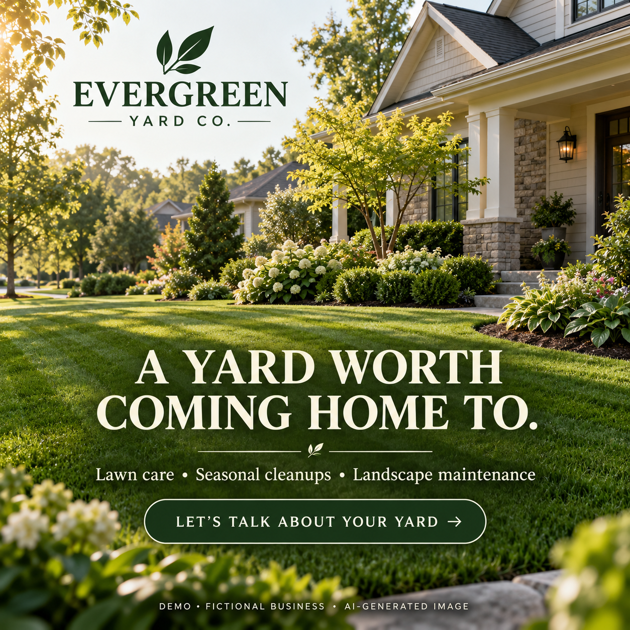 Fictional Evergreen Yard Co. landscaping demo post showing a lawn and garden, labeled as AI-generated