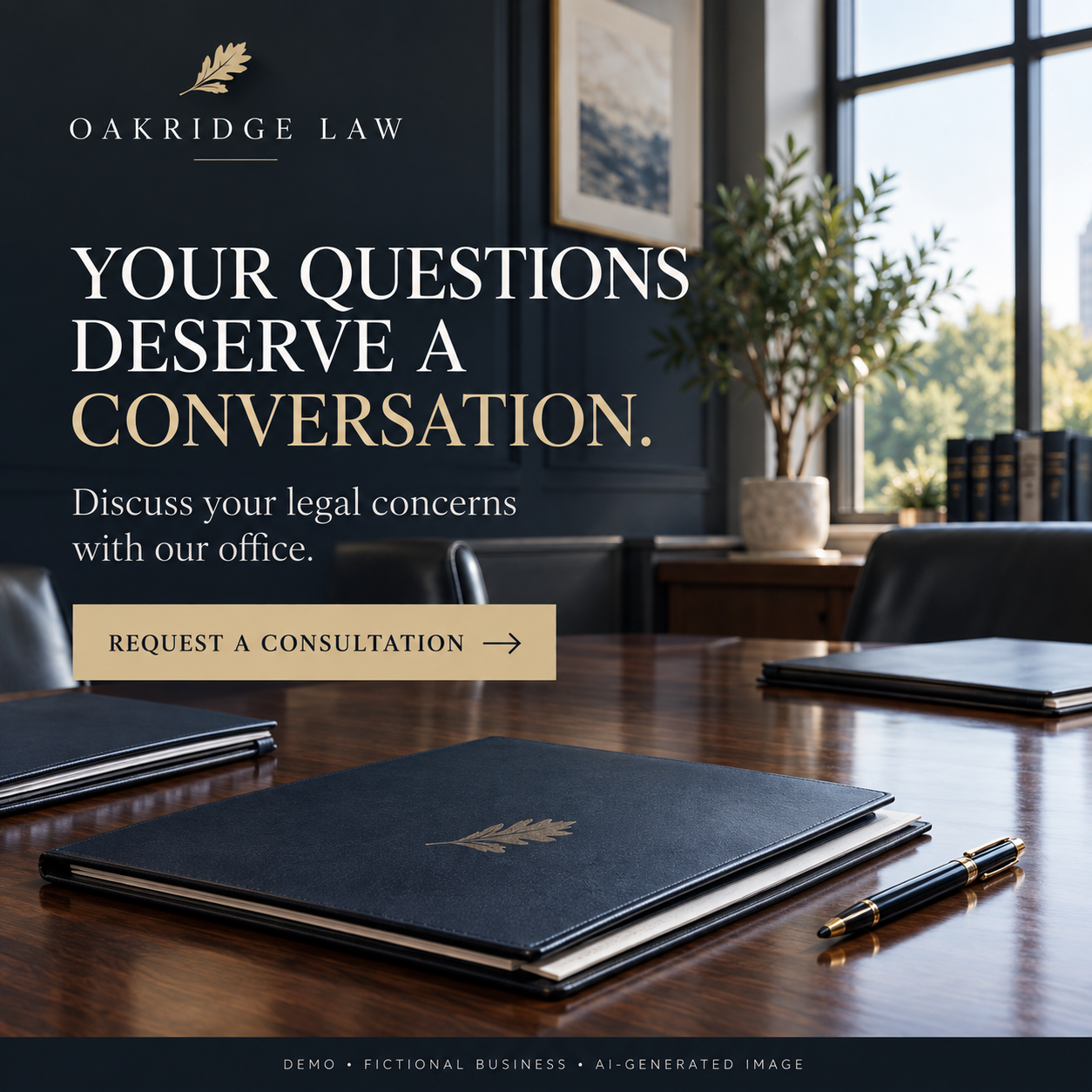 Fictional Oakridge Law demo featuring an office meeting table, labeled as AI-generated