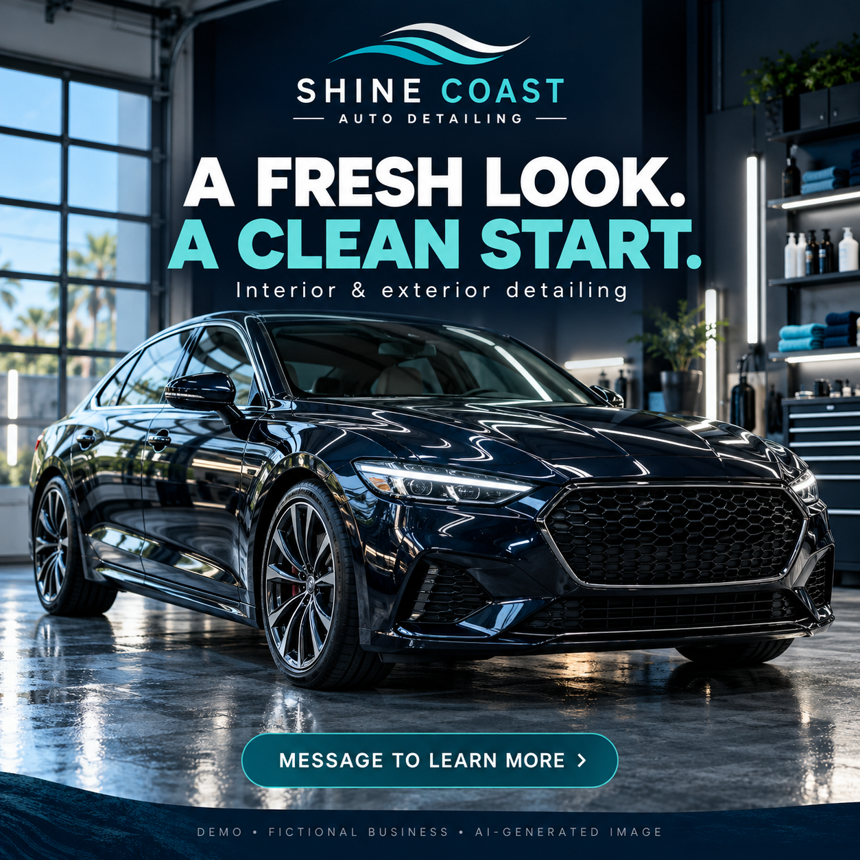 Fictional Shine Coast Auto Detailing showcase post, labeled as a demo with AI-generated imagery