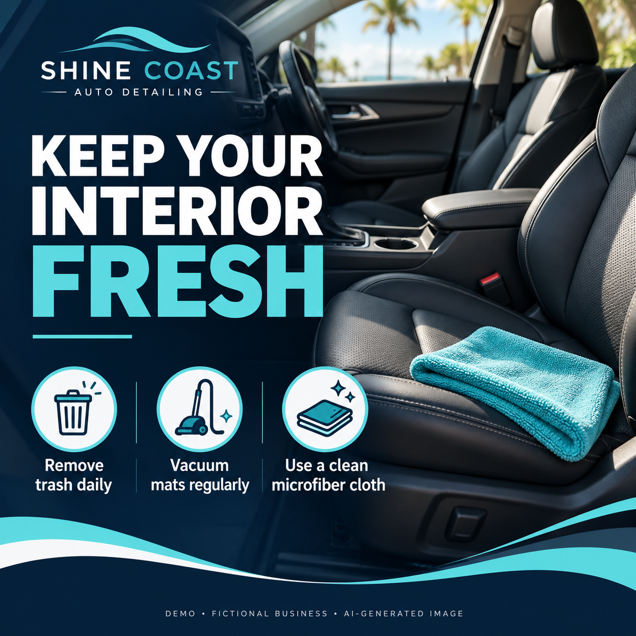 Demo interior-care tips graphic: remove trash daily, vacuum mats regularly, use a clean microfiber cloth