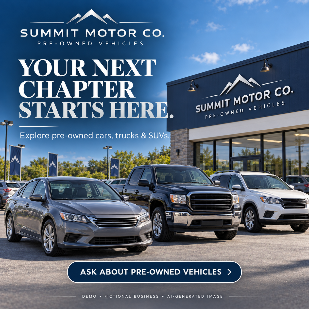 Fictional Summit Motor Co. used-car dealership demo featuring pre-owned vehicles on an independent lot, labeled as AI-generated